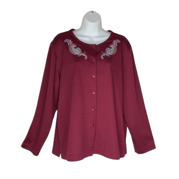Vintage BonWorth Burgundy Embroidered Paisley Boho Cottagecore Cardigan Large - Picture 2 of 12
